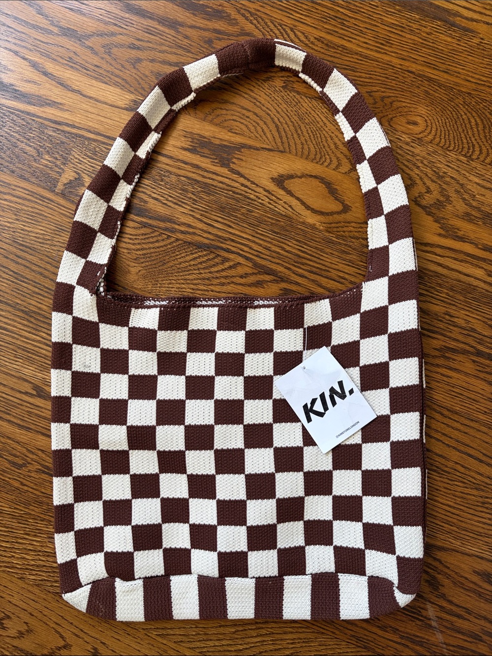 Checker Knit Shoulder Bag in Brown & Cream